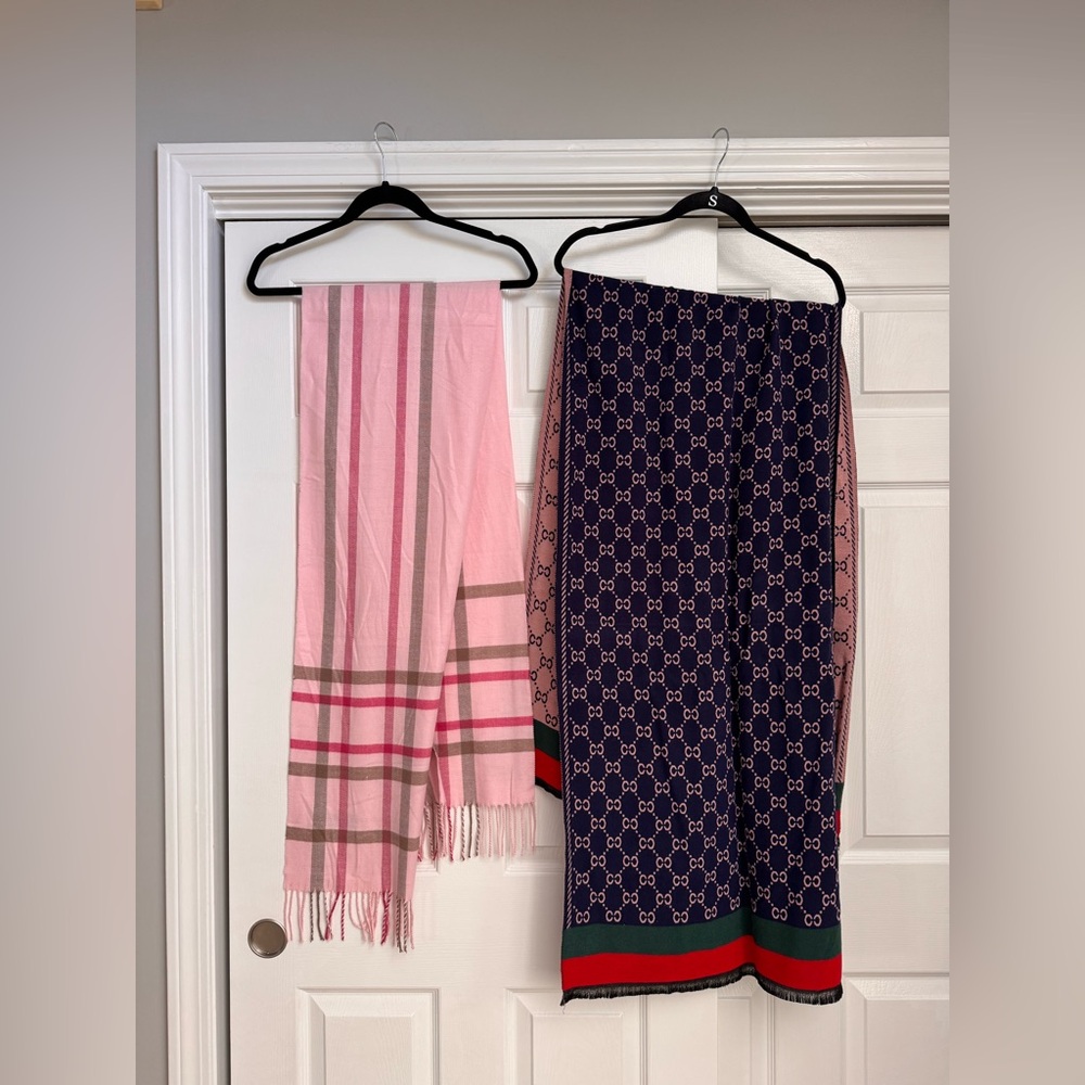2 scarves - Gucci GG style Pink and Brown Plaid Scarf Burberry nova check